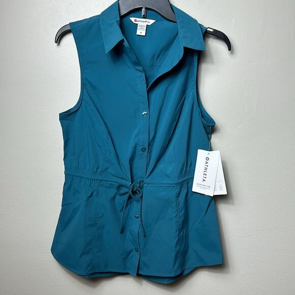 NWT Athleta Levitate cotton poplin tie waist collared tank shirt blouse, M - Picture 3 of 11